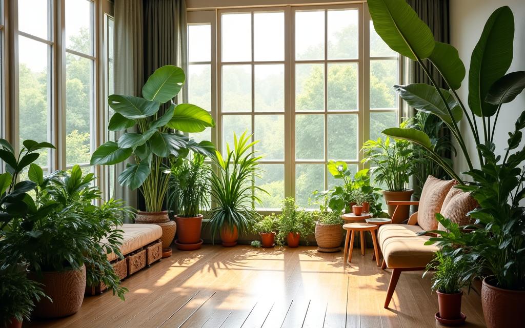 Espacio biofílico con plantas y luz natural